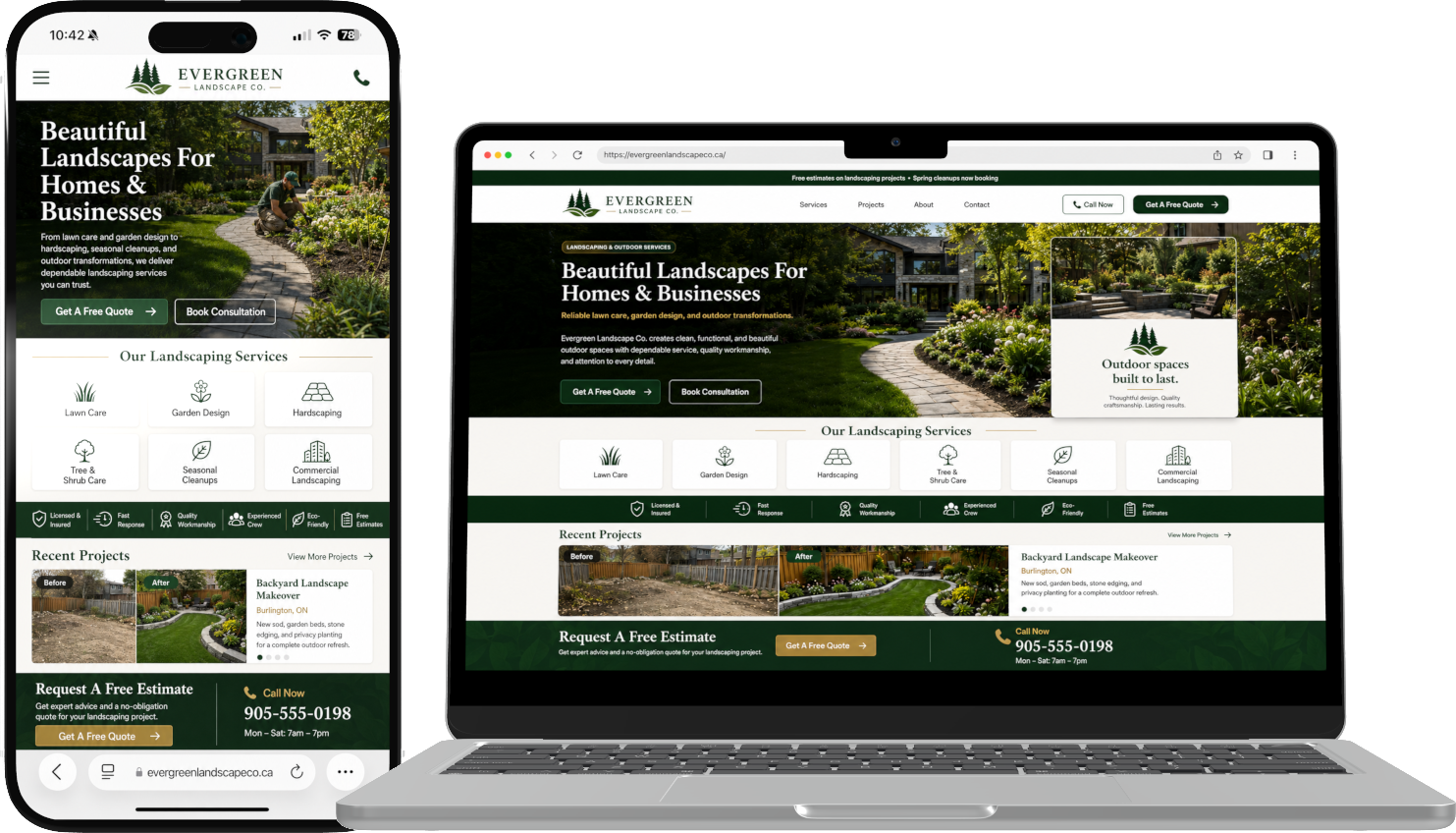 Laptop and phone mockup showing an Evergreen Landscape Co. website design
