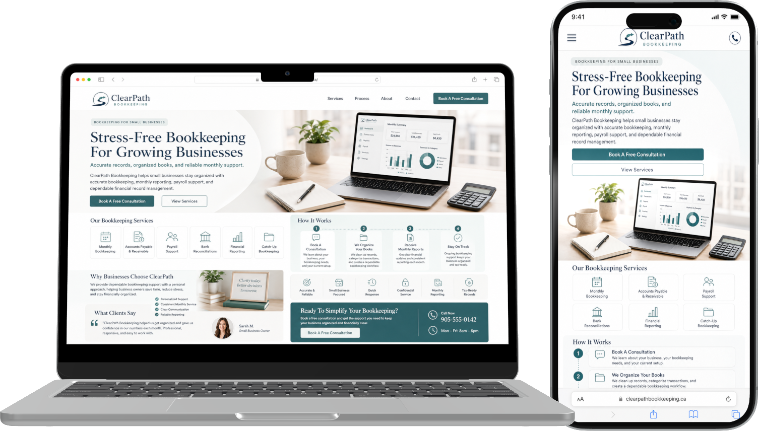 Laptop and phone mockup showing a ClearPath Bookkeeping website design