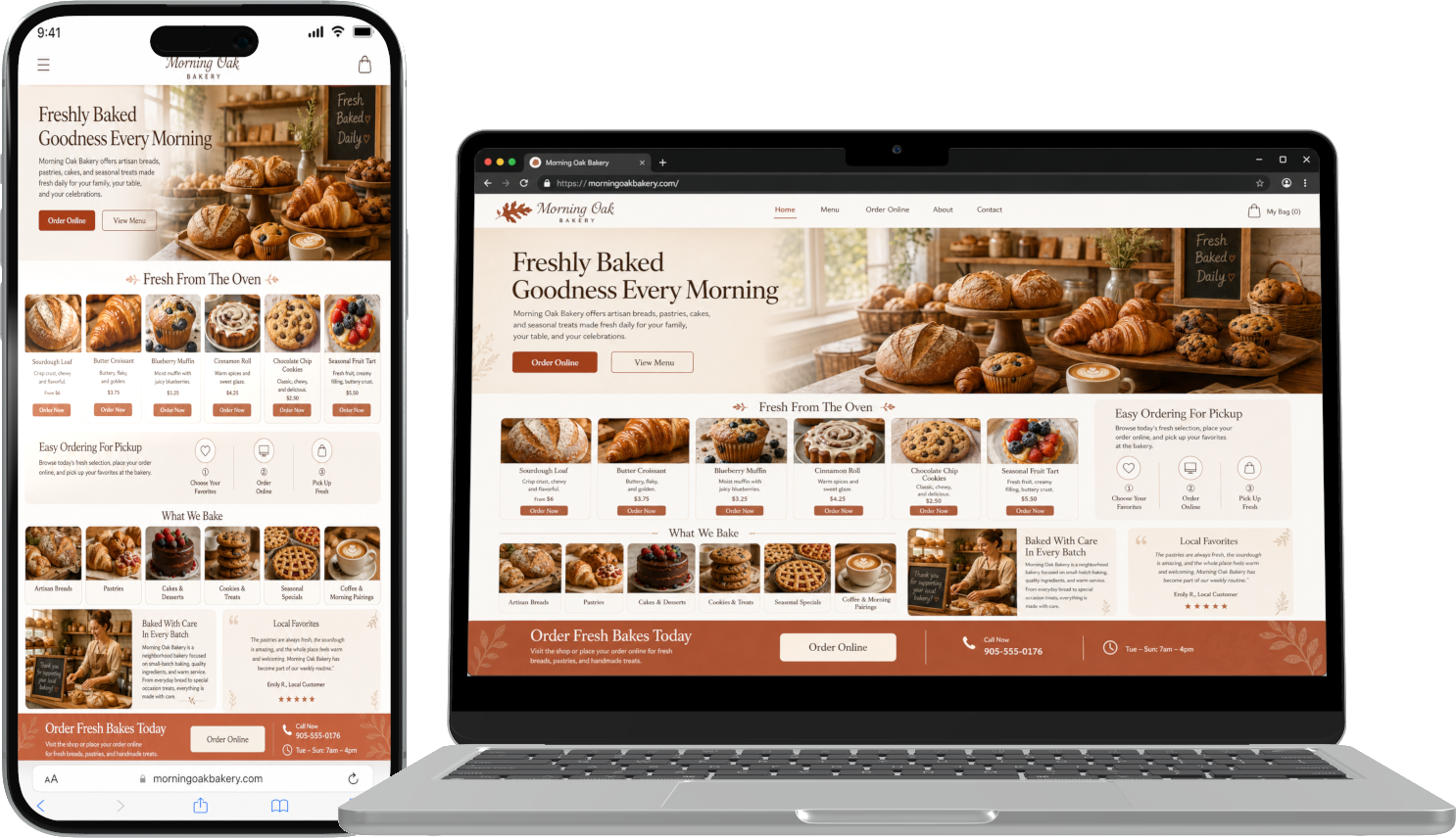 Laptop and phone mockup showing a Morning Oak Bakery website design